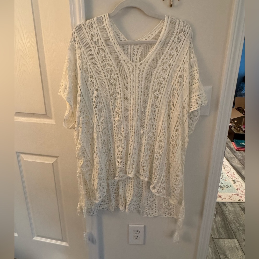 Ivory crotchet tassel trim coverup